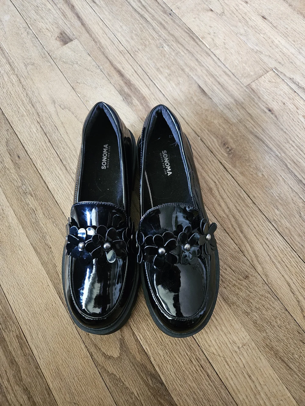 Sonoma Black Patent Platform Loafers with Floral Appliqué